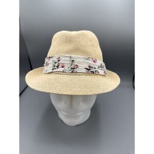 Charlotte Russe Straw Fedora Hat Floral Band Cream Beige Summer One Size